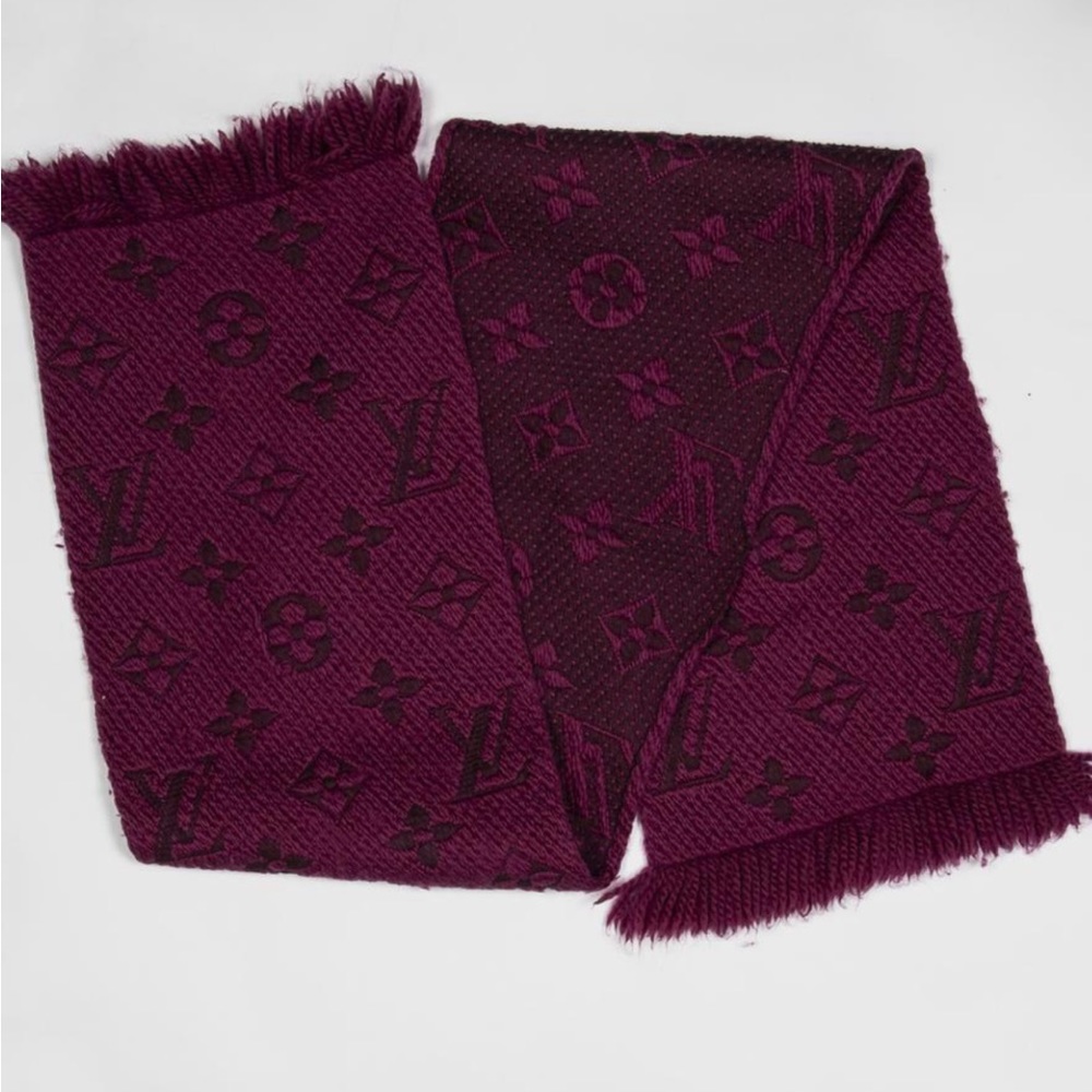 Authentic LOUIS VUITTON Wool Silk Logomania Scarf in Cherry